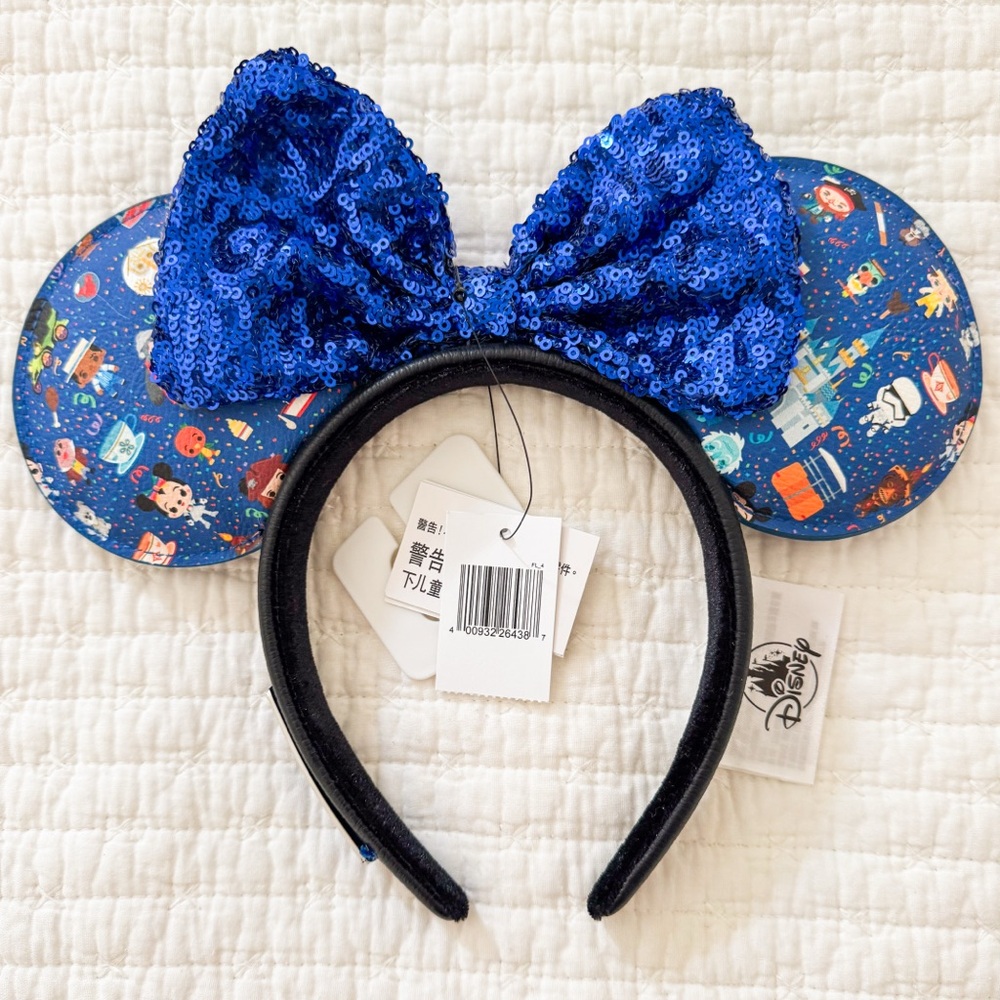 Disney Loungefly Parks Attractions Blue Sequin Bow Minnie Ears Headband